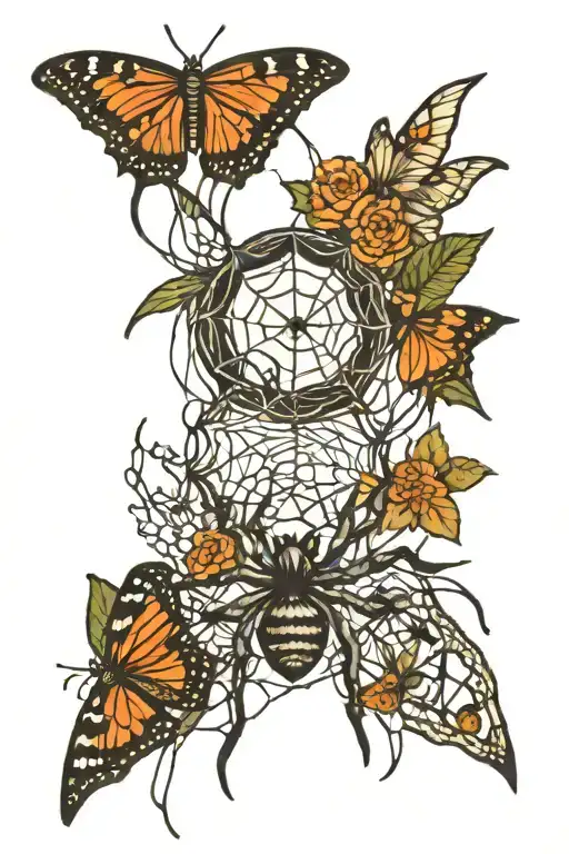spider and butterflies and web intertwined tattoo design idea