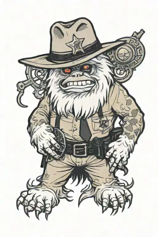 abominable snowman with a Sheriff's badge on his chest and a   black necktie tattoo design idea
