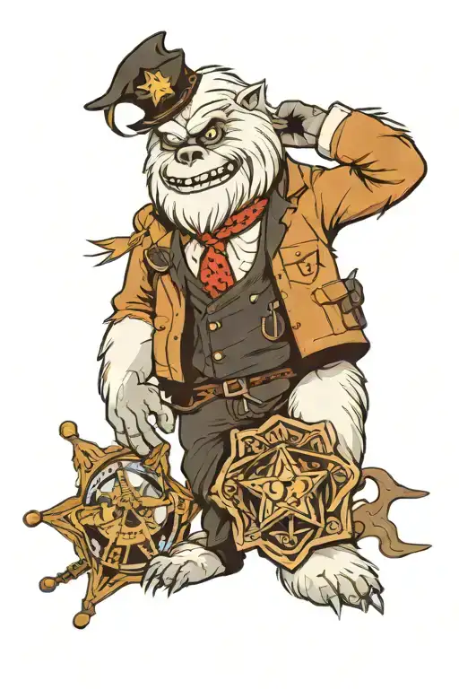 abominable snowman with a Sheriff's badge on his chest and a   black necktie tattoo design idea