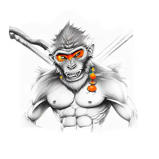 Wukong 2d cartoon, black and orange tattoo design idea