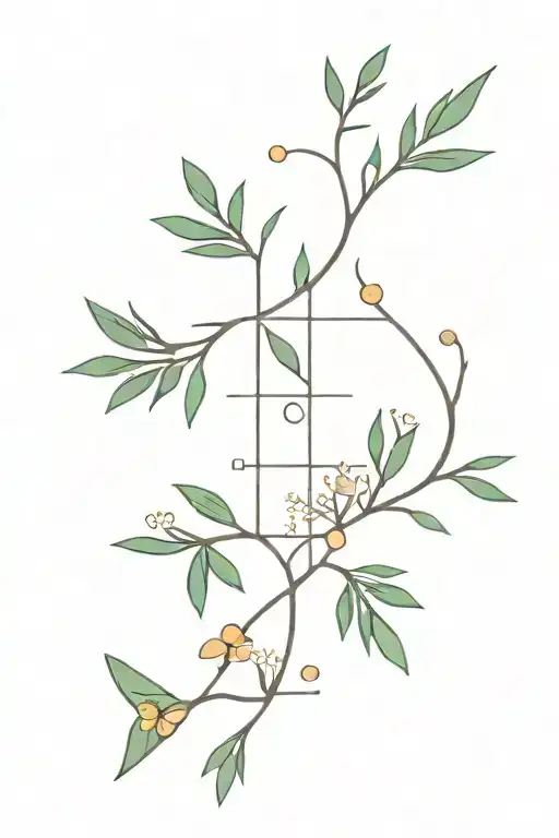 Juniper Branch With Eight Elements: Leaf Berry, Flower, Butterfly, Bird, Star, Heart And A Puzzle. tattoo design idea