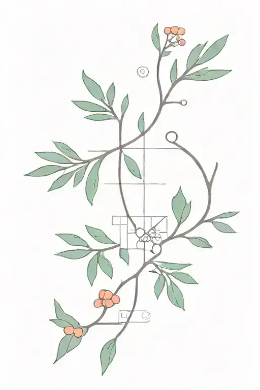 Juniper Branch With Eight Elements: Leaf Berry, Flower, Butterfly, Bird, Star, Heart And A Puzzle. tattoo design idea