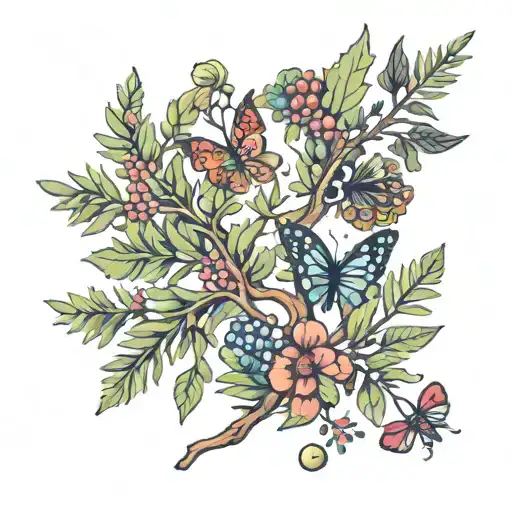 juniper branch with eight elements: leaf berry, flower, butterfly, bird, star, heart and a puzzle piece tattoo design idea