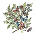 juniper branch with eight elements: leaf berry, flower, butterfly, bird, star, heart and a puzzle piece tattoo design idea