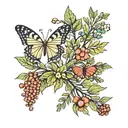 juniper branch with eight elements: leaf berry, flower, butterfly, bird, star, heart and a puzzle piece tattoo design idea
