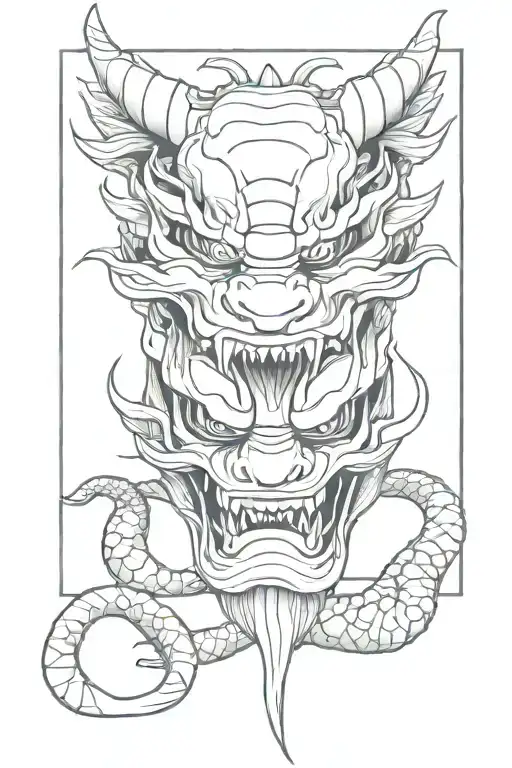 traditional japanese dragon wrapped around oni mask  tattoo design idea