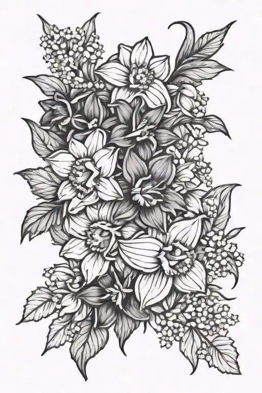 Daffodil Violet Carnation Chrysanthemum daisy daffodil  bouquet tattoo design idea