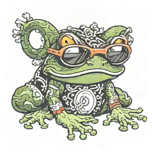 A frog wearing sunglasses with tattoos all over him with boxing gloves on with red boxers on  tattoo design idea