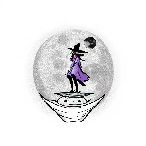 witch on a broom with a moon in the background tattoo design idea
