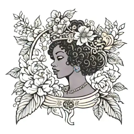 african american virgo tattoo  wearing virgo symbol  wearing a crown made of peonies and cherry blossoms  tattoo design idea