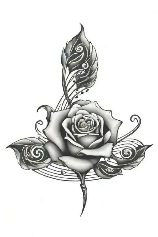 small beautiful rose surrounded by music notes intertwined tattoo design idea