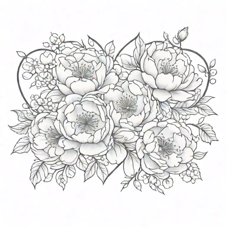 peonies with cherry blossoms  and hearts tattoo design idea