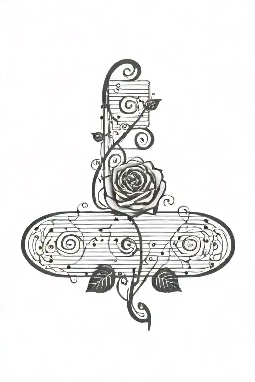 small music notes intertwined with a rose bush branch long and skinny tattoo design idea