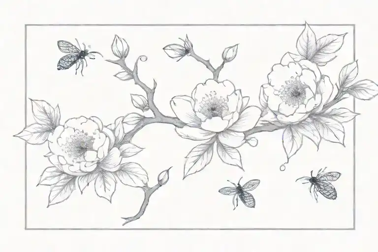 cherry blossom amd peony tree with fireflies and virgo symbol  tattoo design idea