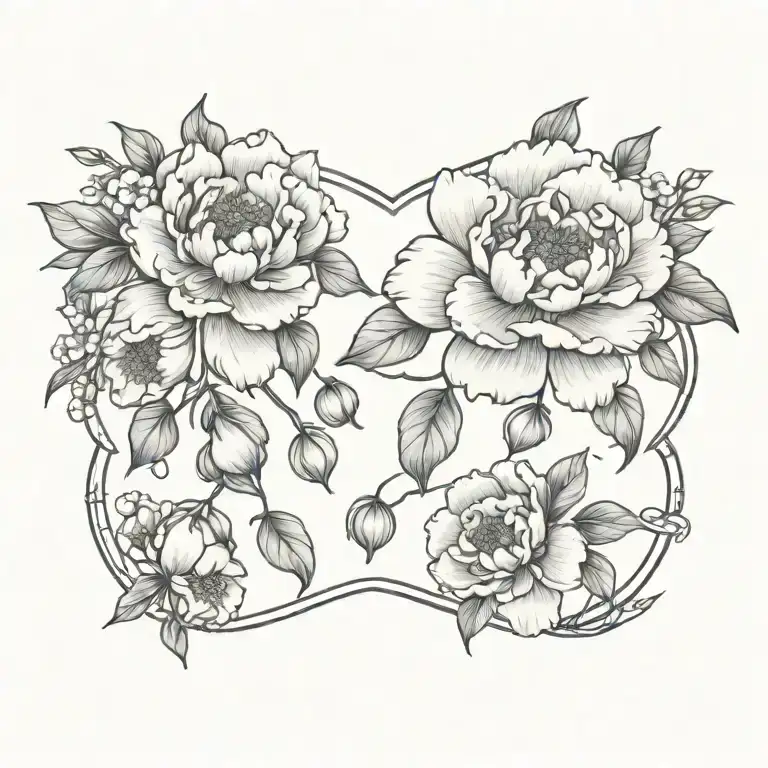 peonies with cherry blossoms  and hearts tattoo design idea