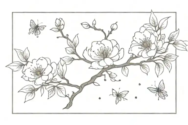 cherry blossom amd peony tree with fireflies  tattoo design idea