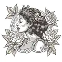 african american virgo tattoo  wearing virgo symbol  wearing a crown made of peonies and cherry blossoms  tattoo design idea