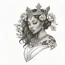 african american virgo tattoo wearing a crown made of peonies and cherry blossoms  with a virgo necklace  tattoo design idea