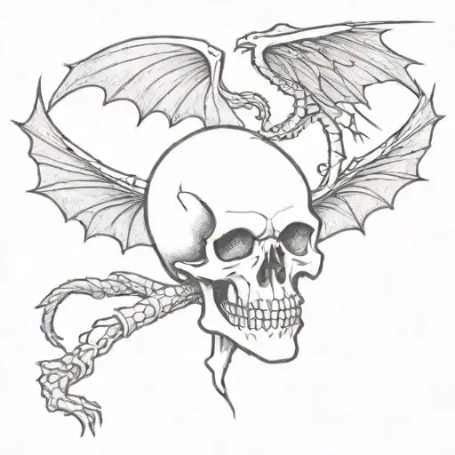 skull facing  and dragon wings behind tattoo design idea