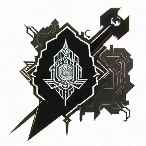 CYBERPUNK AND CHRISTIAN STYLE SWORD AND SHIELD tattoo design idea