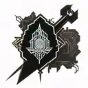 CYBERPUNK AND CHRISTIAN STYLE SWORD AND SHIELD tattoo design idea