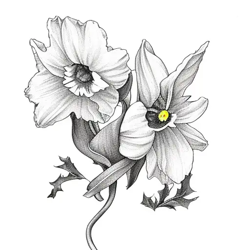 Daffodil, Daisy, poppy, morning Glory and Holly berry bouquet  tattoo design idea
