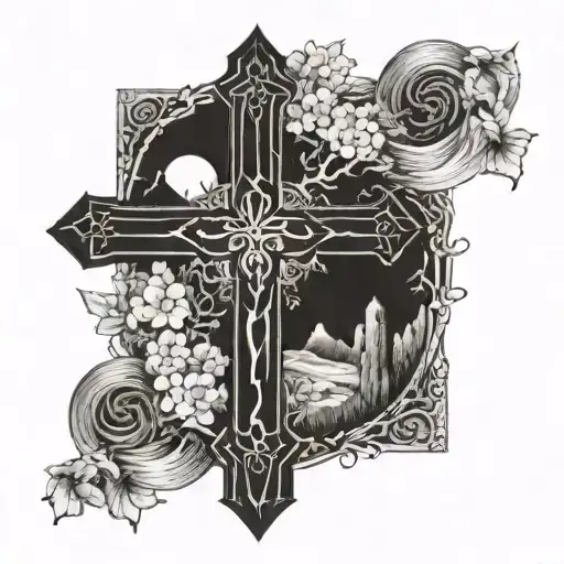Christian Cross with bible verse, "Even though I walk through the valley of the shadow of death, I fear no evil" tattoo design idea