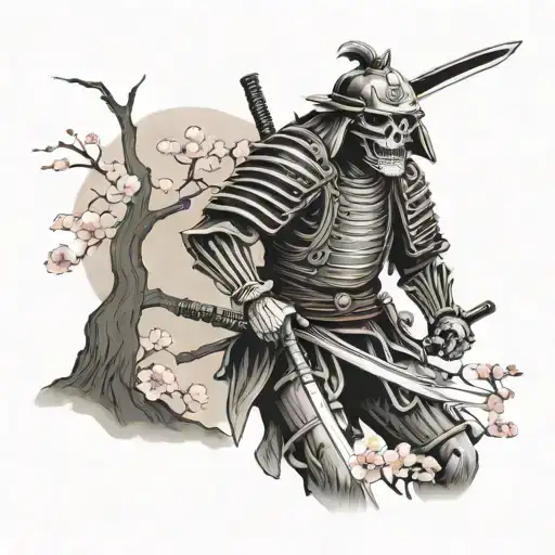 skeleton samurai under cherry blossom tree tattoo design idea