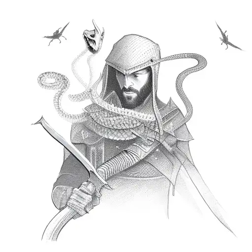 man with sword killing a snake tattoo design idea