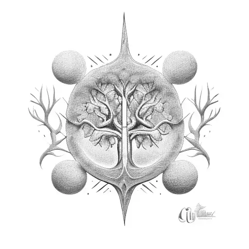 arbol de la vida, calabera, una roza, signo nórdico, brújula, balance, ancla, olas, cuervo y fases lunares tattoo design idea