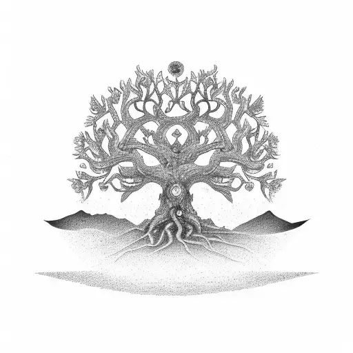 arbol de la vida, calabera, una roza, signo nórdico, brújula, balance, ancla, olas, cuervo y fases lunares tattoo design idea