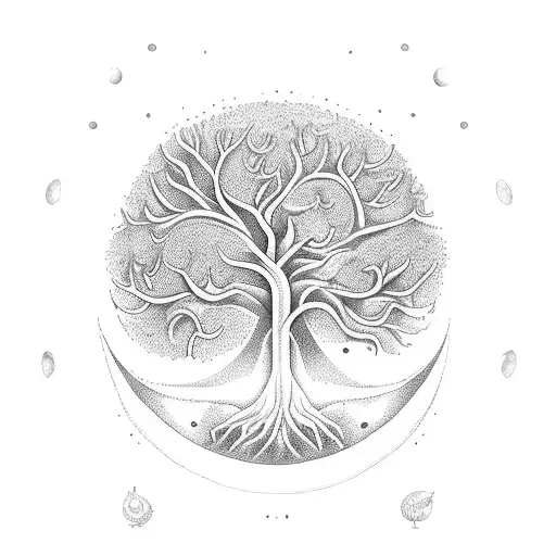 arbol de la vida, calabera, una roza, signo nórdico, brújula, balance, ancla, olas, cuervo y fases lunares tattoo design idea