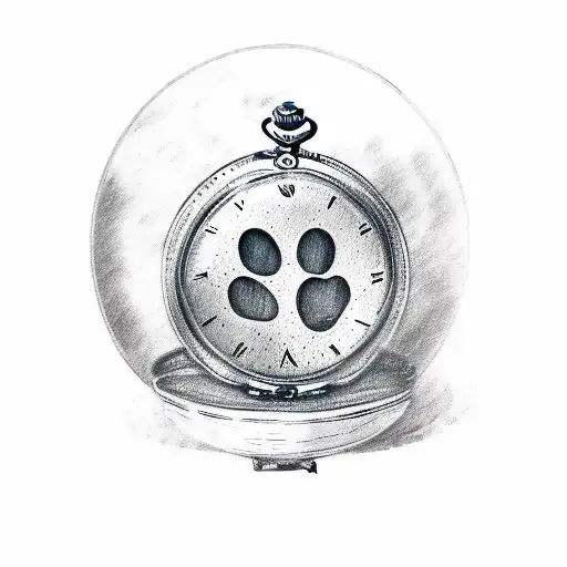 two dog paw prints faded on the face of a pocket watch reading 3:55am. cursi tattoo design idea