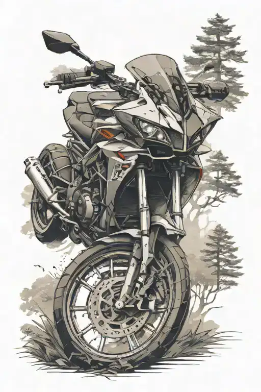 sportsbike yamaha r1 cardiograph, campervan, trees, meditation, tower with watch, fog tattoo design idea