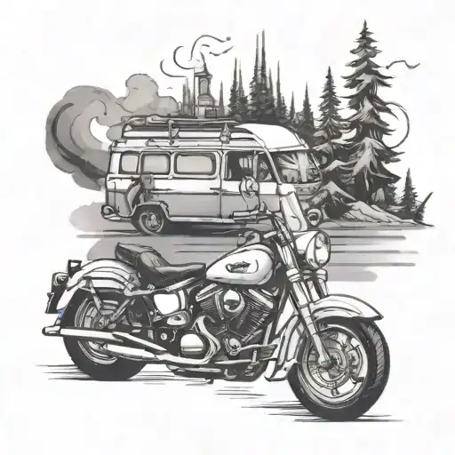sports bike, campervan, smoke, tower with watch, trees, adventure tattoo design idea