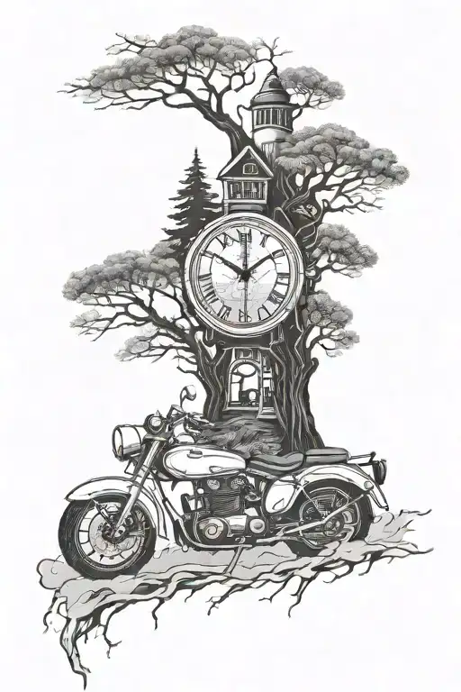 sportsbike cardiograph, campervan, trees, meditation, tower with watch, fog tattoo design idea