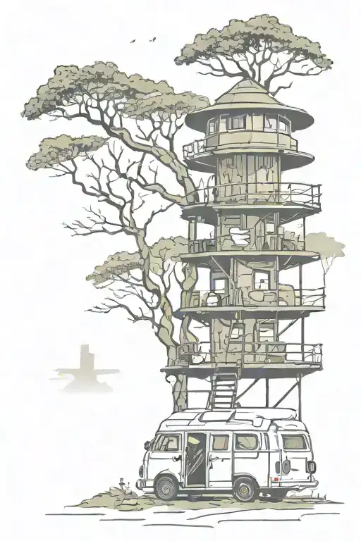 campervan, trees, meditation, tower with watch, fog tattoo design idea
