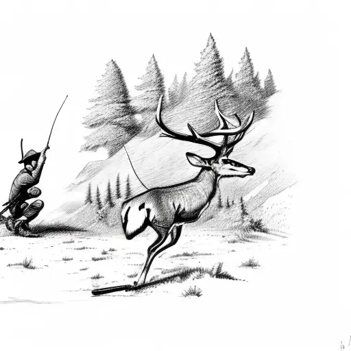A detailed sketch of a hunting scene with a hunter aiming his bow at a deer in a forest tattoo design idea