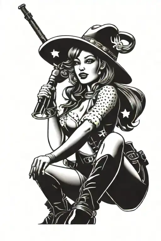 fineline Cowgirl pinup girl tattoo design idea