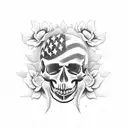 American flag, with chains and skull, and flowers tattoo design idea