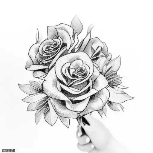A black-grey tattoo of your granny holding a bouquet of flowers with a truck in the background tattoo design idea