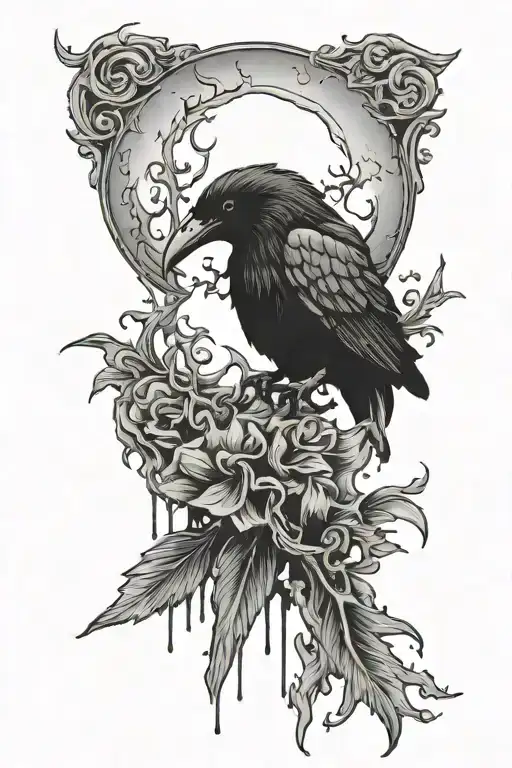 melting crescent moon with crow sitting tattoo design idea