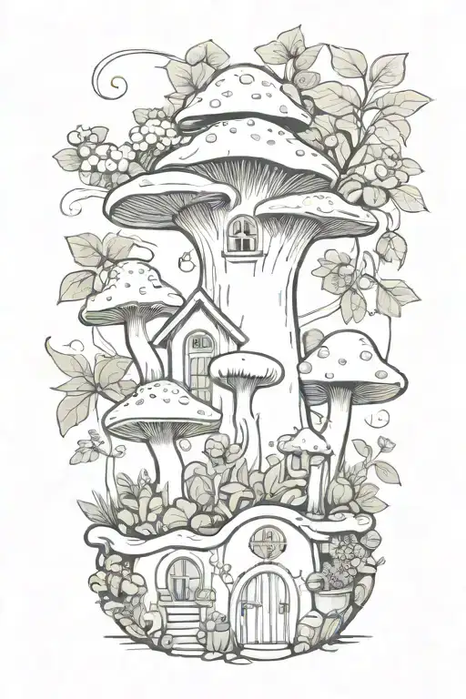 whimsical mushroom house plants tattoo design idea