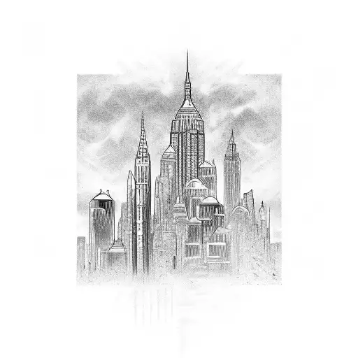 An intricate skyline of famous landmarks in black-grey tattoo design idea