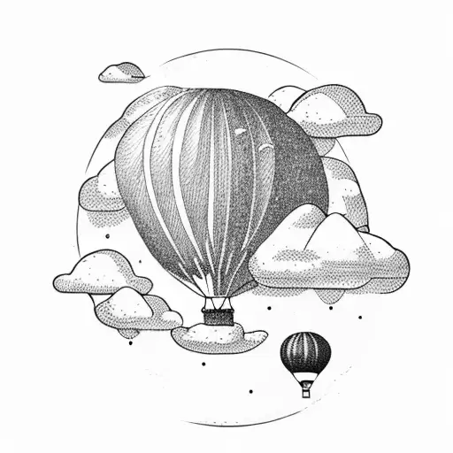 A finely drawn hot air balloon floating above a mountain range in dotwork tattoo design idea