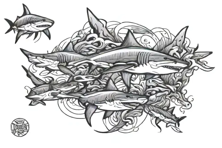 hammer head sharks swimming and jellyfish and great white sharks swimming.  tattoo design idea