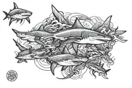 hammer head sharks swimming and jellyfish and great white sharks swimming.  tattoo design idea
