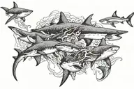 hammer head sharks swimming and jellyfish and great white sharks swimming.  tattoo design idea