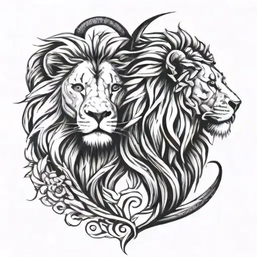 Create a tattoo of a lion and lioness facing each other, with their tails intertwined to form a heart shape, symbolizing the strength and unity of the couple tattoo design idea