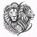 Create a tattoo of a lion and lioness facing each other, with their tails intertwined to form a heart shape, symbolizing the strength and unity of the couple tattoo design idea